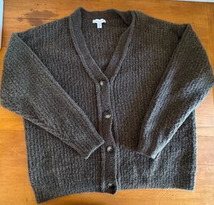 Topshop Oversized Bouclé Cardigan Moss Olive Brown Slouchy Textured Knit Sweater